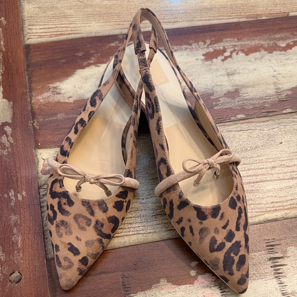 Dolce Vita Leopard Print Pointed Toe Slingback Flats in Tan and Black